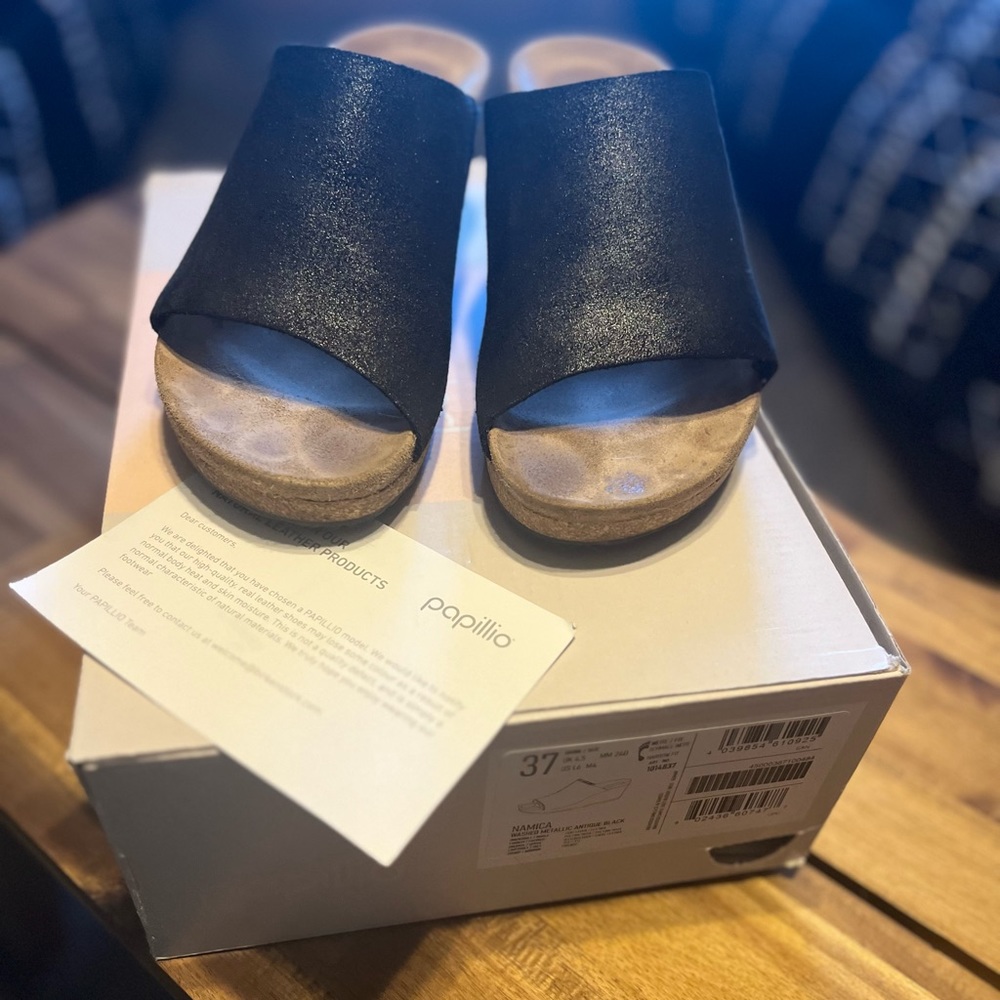 Papillio Birkenstock Namica Leather Washed Metallic Antique Black Sandals 37